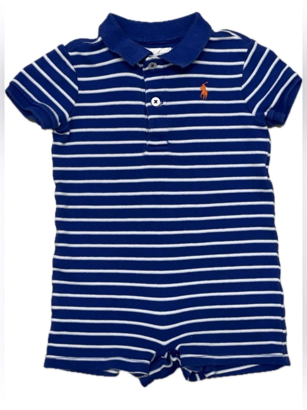 Ralph Lauren Royal Blue & White Striped Polo Romper with Orange Pony